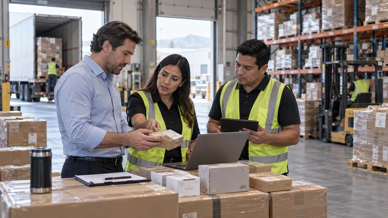 Business professionals reviewing market-entry and logistics planning inside a Mexican warehouse operation
