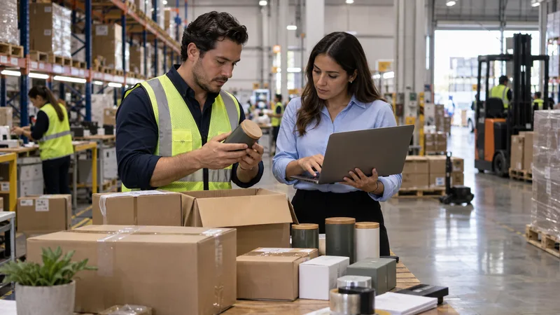 Business professionals reviewing a small initial inventory shipment for a market test in Mexico