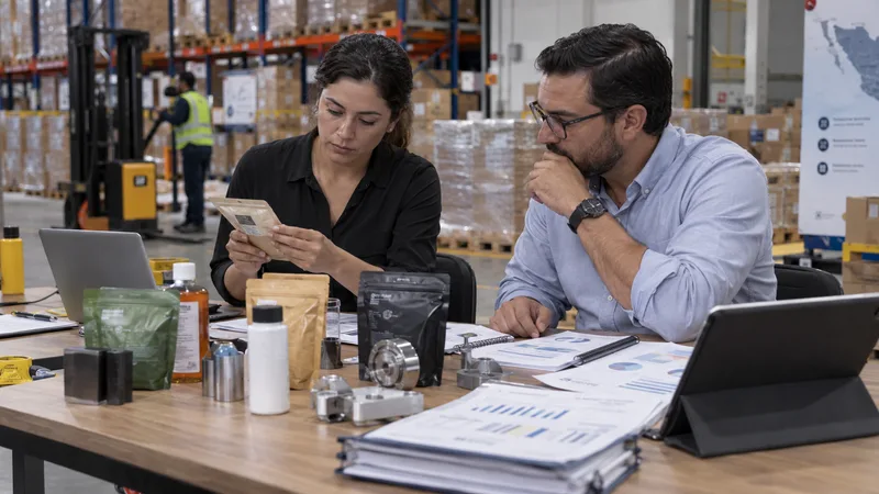 Business professionals evaluating product samples and market data before sending inventory to Mexico